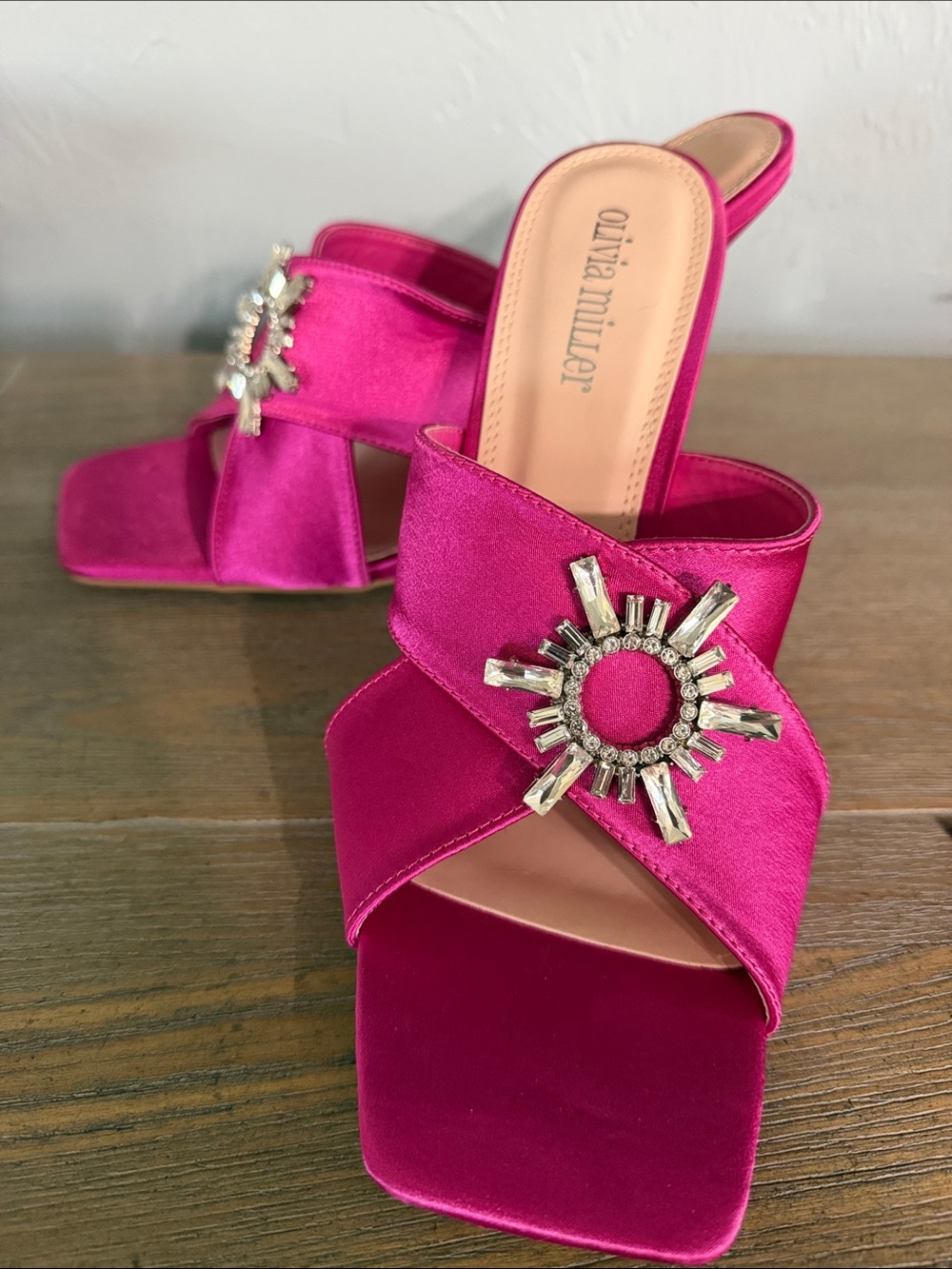 Olivia Miller Hot Pink Jeweled Crossband Slide Mules